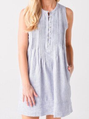 Faherty Brand Isha 100% Linen Dress Blue Mini Stripe Size Medium EUC